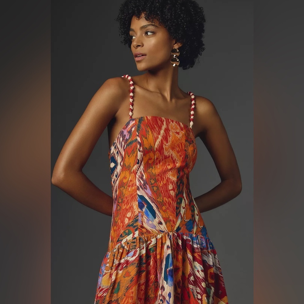 Farm Rio x Anthropologie Sleeveless Midi Dress new size large orange drop waist - Picture 3 of 12